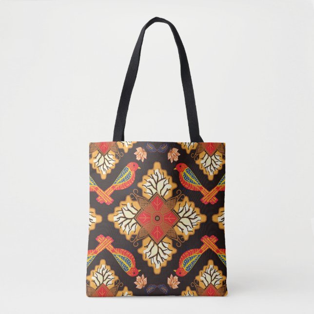 Bolsa Tote Batik indonésio: motivo da fauna da flora. (Frente)