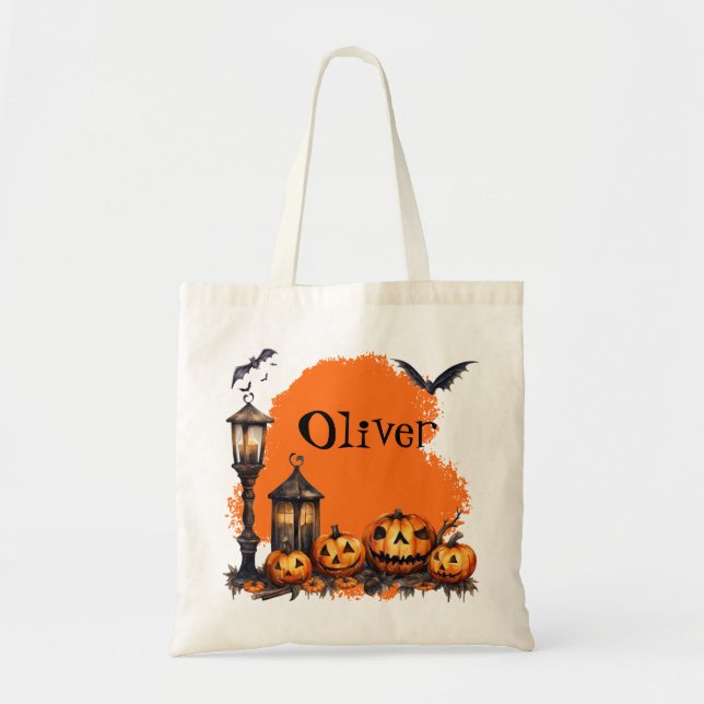 Bolsa Tote Bats de Dia de as Bruxas engraçado e Pumpkin assus (Frente)