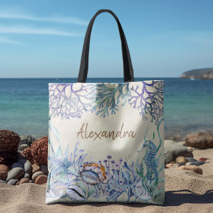Bolsa Tote Beach Watercolor Sea Life Personalizada