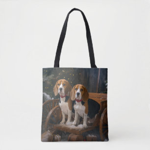 Bolsa Tote Beagle Sleigh Natal Decoração Nevada