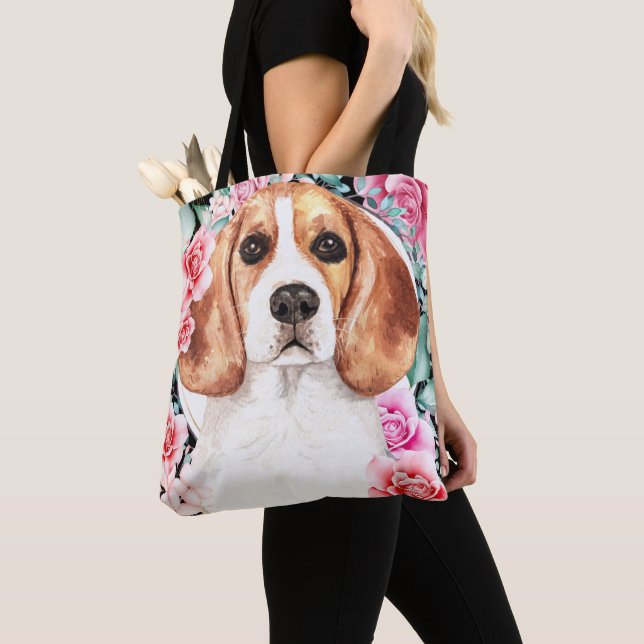 Bolsa Tote Beagle watercolor dog face rosa wreath art (Close Up)