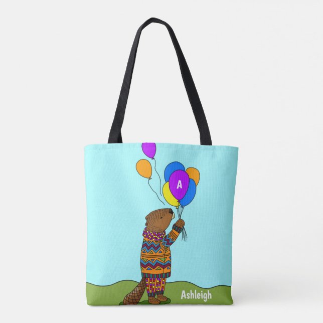 Bolsa Tote Beaver w Balões, Cute Kids Personalizado (Verso)