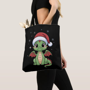 Bolsa Tote Bebê Dragão de Natal Chapéu do Papai Noel Flocos d