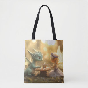 Bolsa Tote Bebê Dragão Fofo e Fada Desfrutando Chá 