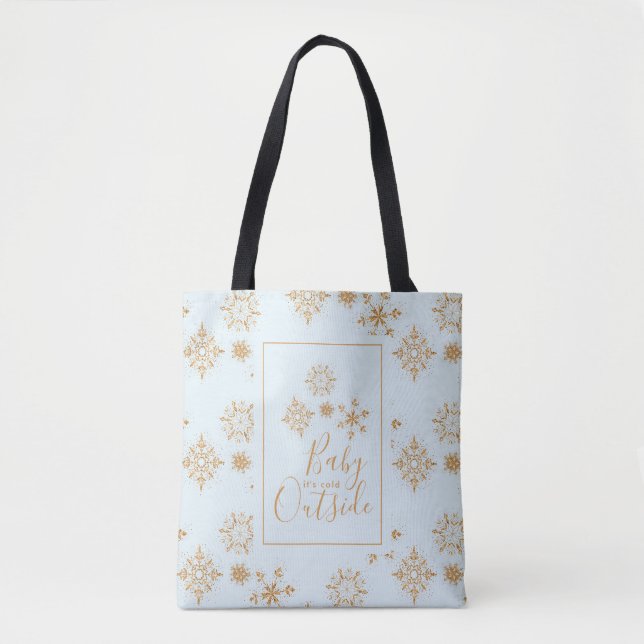 Bolsa Tote Bebê é frio fora dos flocos de neve Dourados em az (Frente)