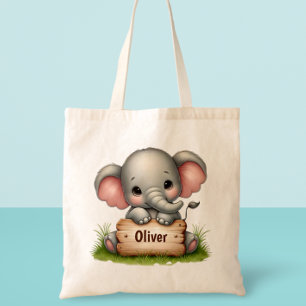 Bolsa Tote Bebê Elefante Fofo Segurando uma Placa de Nome