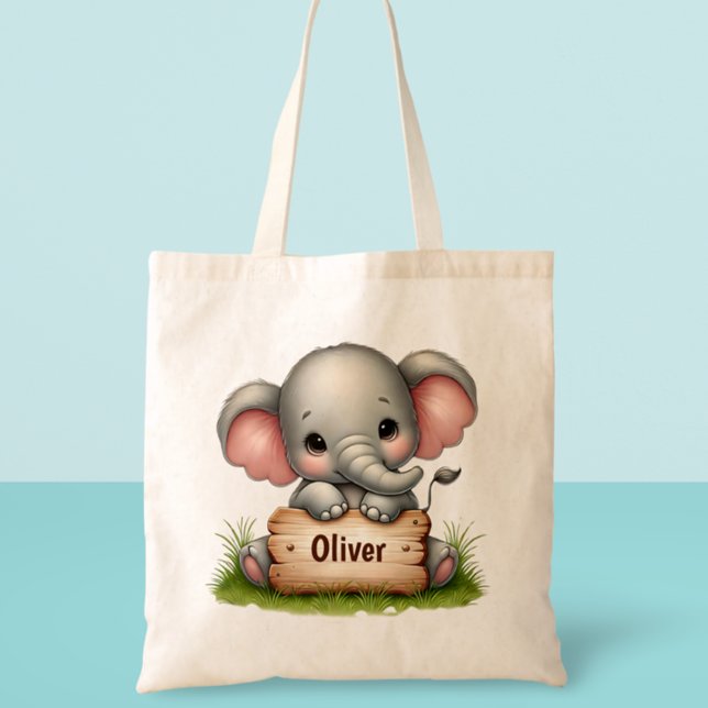 Bolsa Tote Bebê Elefante Fofo Segurando uma Placa de Nome (Criador carregado)