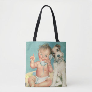 Bolsa Tote Bebê Fofo Antigo Falando no Telefone Cachorrinho