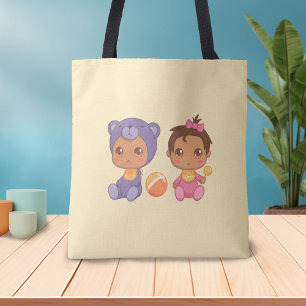 Bolsa Tote Bebê gêmeas ursos roxos macacão-boneco no dente am