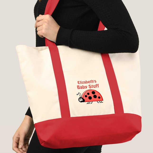 Bolsa Tote Bebê joaninha fofa nome coisas preto vermelho (Criador carregado)