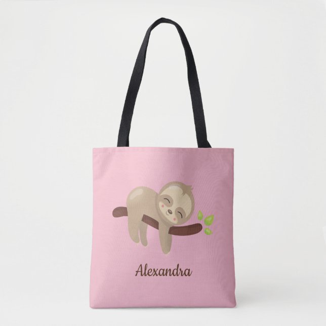 Bolsa Tote Bebê Lama no Ramo Linguagem Animal Cor-de-Rosa (Frente)