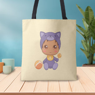 Bolsa Tote Bebê Menina Roxa Casaco de Gato Roxo em Amarelo