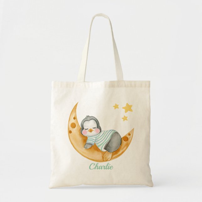 Bolsa Tote Bebê Pinguim Adormecido Lua Fofa (Frente)