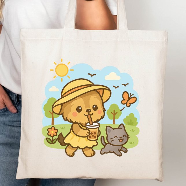 Bolsa Tote Bebendo de Cachorro Kawaii Cute Chá (Criador carregado)