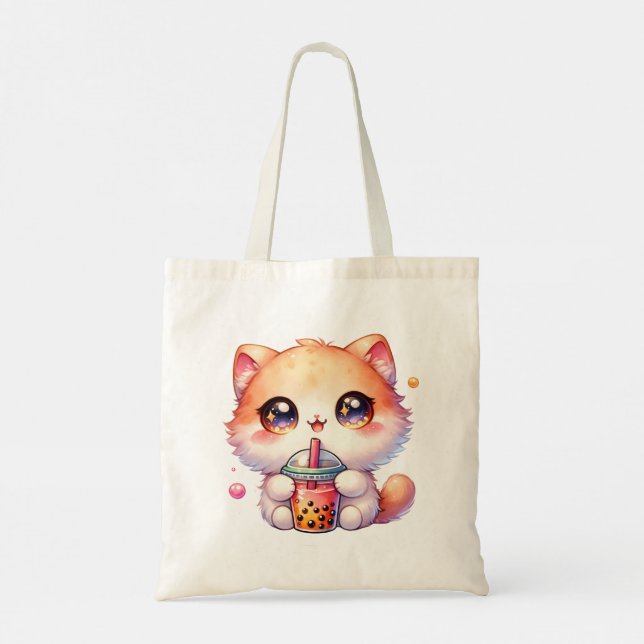 Bolsa Tote Bebendo de gato Boba Cute Bubble Tea (Verso)
