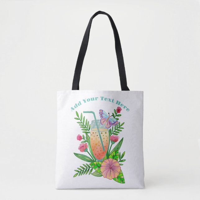 Bolsa Tote Bebidas Coloridas, Borboleta e Flores (Frente)
