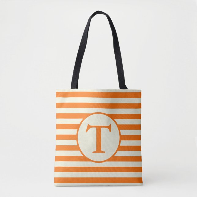 Bolsa Tote bege simples e monograma com ranhura laranja (Frente)