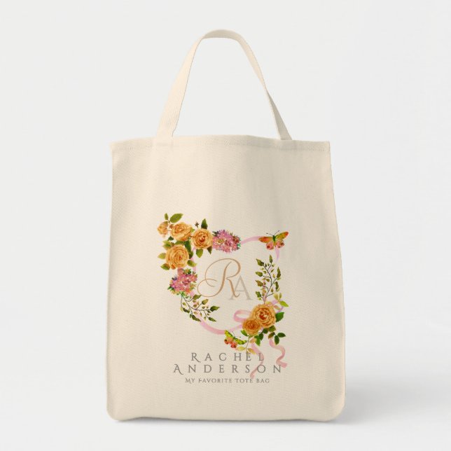 Bolsa Tote Beige do Monograma Chic da Faixa de Rosa Dourada (Frente)