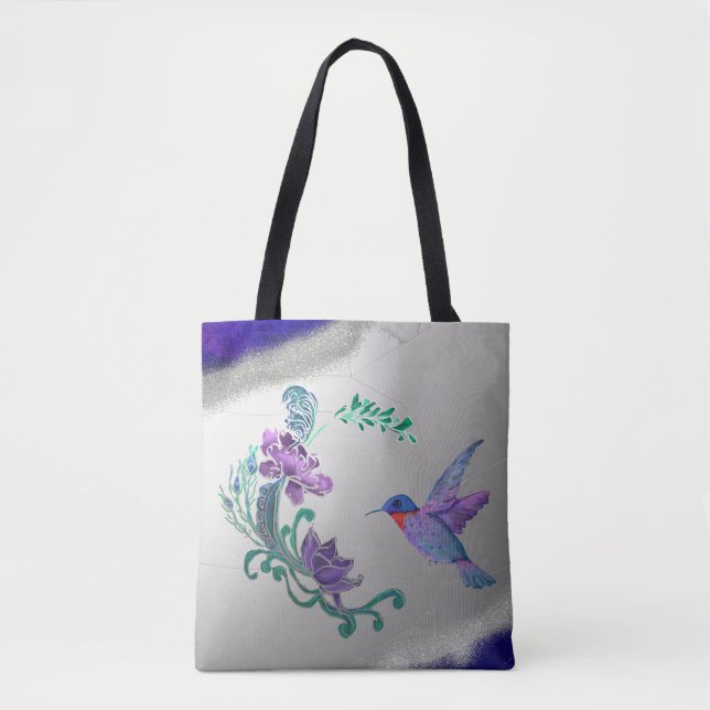 Bolsa Tote Beija-flor com Flores em Fundo de Geodo (Frente)