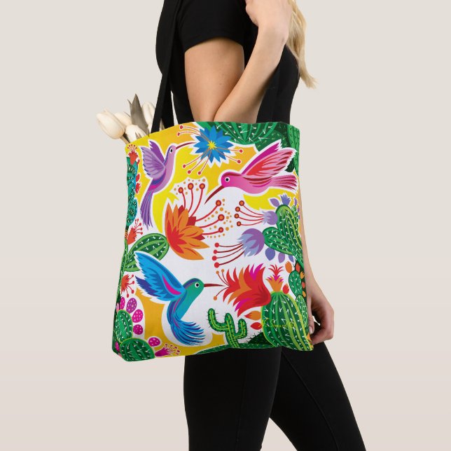 Bolsa Tote Beija-flores e Cactos Floridos (Close Up)