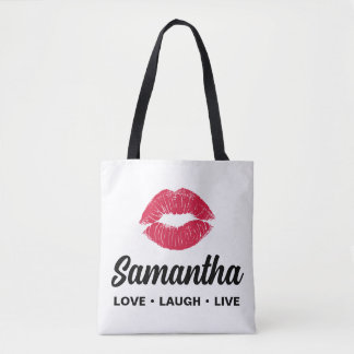 Bolsa Tote Beijo de Batom Nome Personalizado Amor Rir Viver