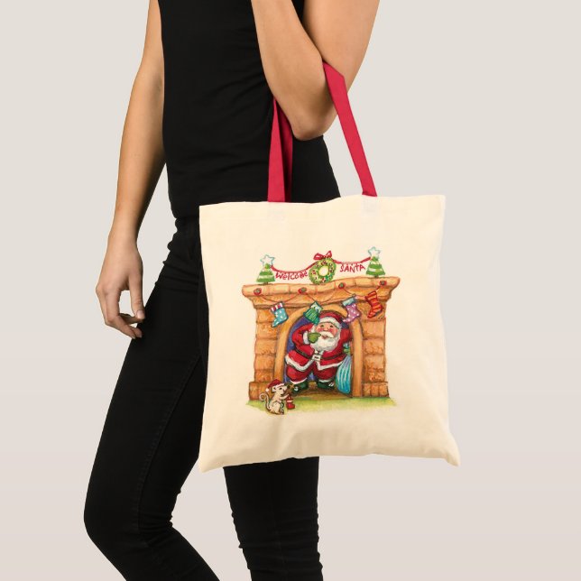 Bolsa Tote Bela Cartoon Jolly Papai Noel Abaixo Chaminé (Frente (produto))