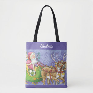 Bolsa Tote Bela Cartoon Natal Papai Noel Sleigh Reindeer