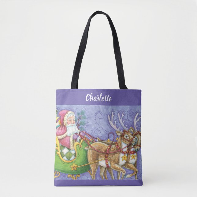 Bolsa Tote Bela Cartoon Natal Papai Noel Sleigh Reindeer (Frente)