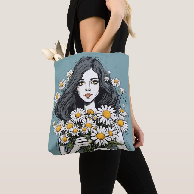 Bolsa Tote Bela Senhora com Buquê de Margaridas (Close Up)
