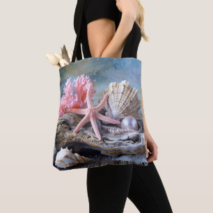Bolsa Tote Belas Pérolas Conchas de Coral Rosa da Praia