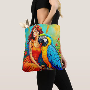 Bolsa Tote Beleza tropical e Design de papagaio azul