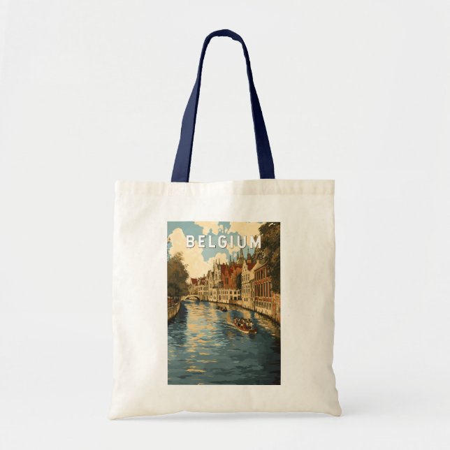 Bolsa Tote Bélgica Ilustração Viagem Art Vintage (Frente)