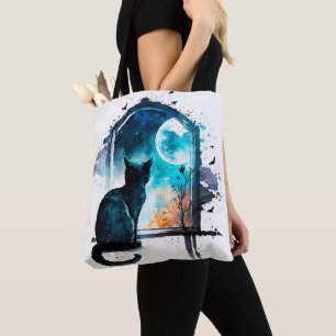 Bolsa Tote BELÍSSIMO GATO PRETO EM Aquarela SENTADO NUMA JANE