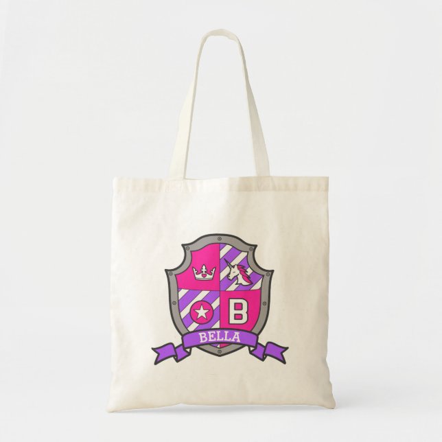 Bolsa Tote Bella knight shield B nome biblioteca roxa rosa (Frente)