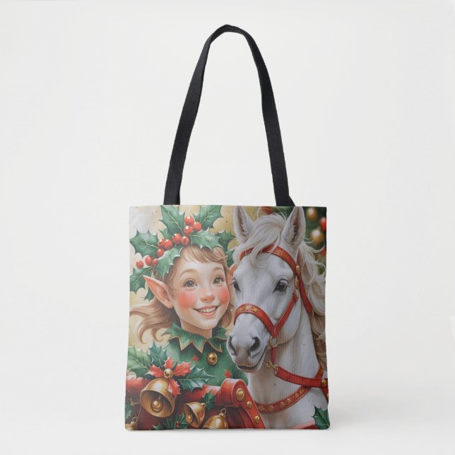 Bolsa Tote Bells Holly e Elf de Natal de Cavalo (Frente)