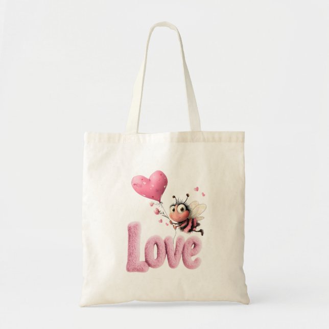 Bolsa Tote Belo Bee Fluffy Rosa Amor Balão de Coração  (Frente)