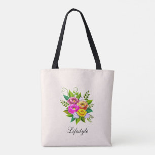 Bolsa Tote Belo buquê de flor colorido no marfim