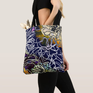 Bolsa Tote Belo design de flor púrpura, branca e azul