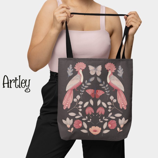 Bolsa Tote Belo floral de pavão de arte rosa (Criador carregado)