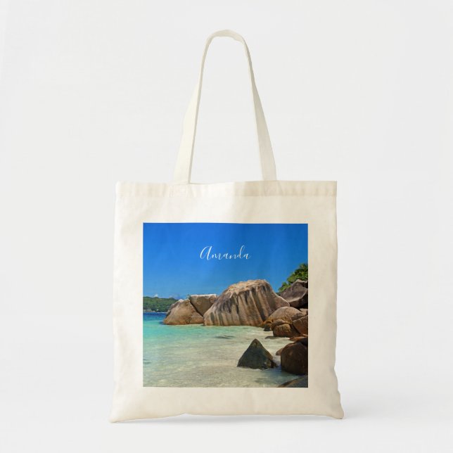 Bolsa Tote Belo Mar Tropical com a costa coberta de rocha (Frente)