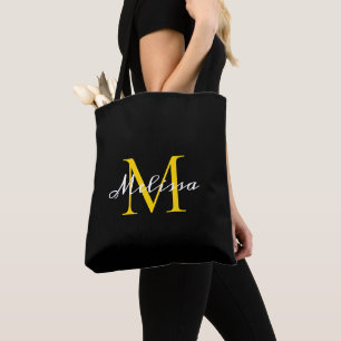 Bolsa Tote Belo nome do script Dourado Monograma preto