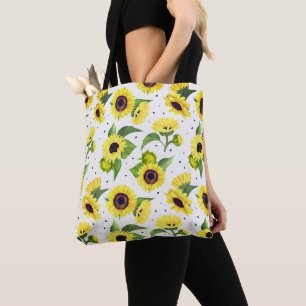 Bolsa Tote Belo Padrão de Girassóis em Aquarela Vintage