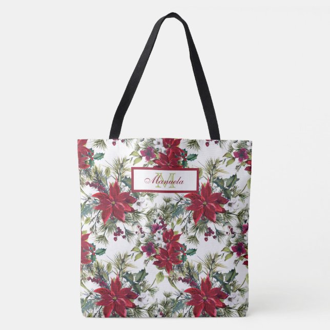 Bolsa Tote Belos Poinsetos Vermelhos e Flores Brancas (Frente)