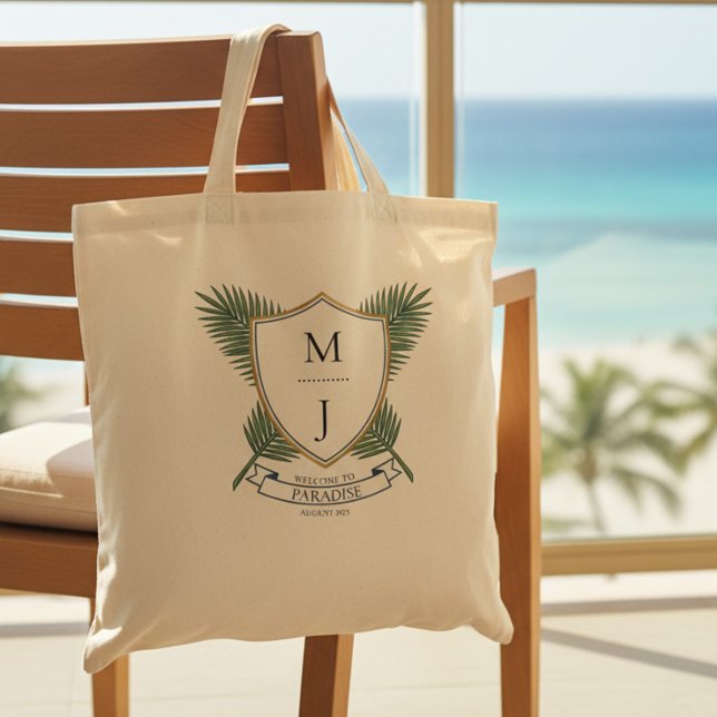 Bolsa Tote Bem-vindo ao Wedding Crest Tropical Palm Leaf Reso (Destination BeachWedding hotel welcome bag. Bride and groom's preppy, tropical monogrammed crest)