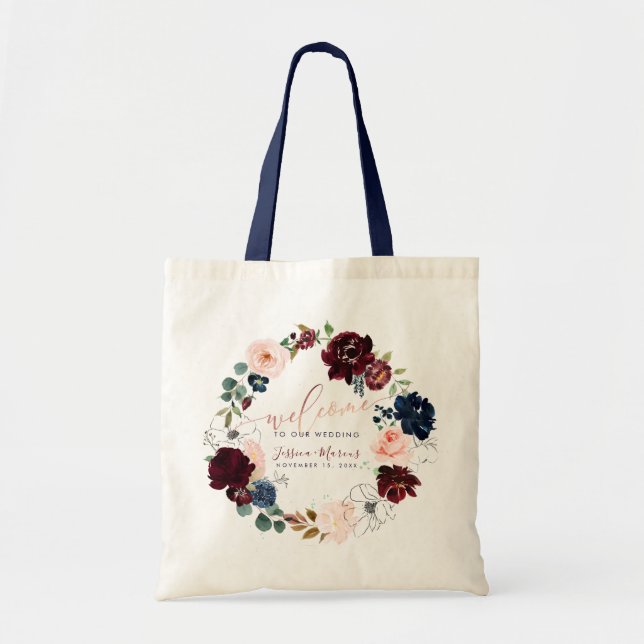 Bolsa Tote Bem-vindo Flores Água-Marga + Blush (Frente)