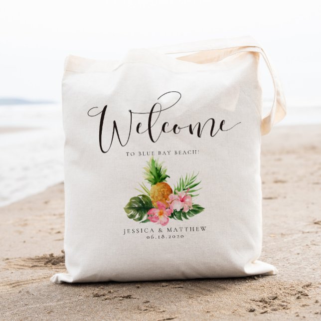 Bolsa Tote Bem-vindos abacaxi de palma tropical e floral (Criador carregado)