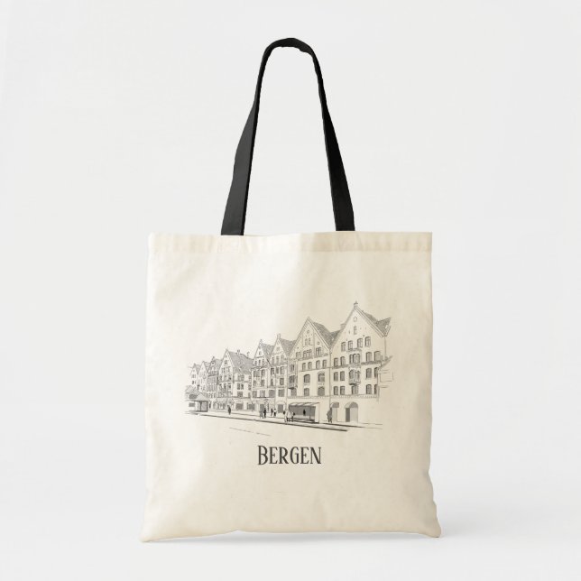 Bolsa Tote Bergen Norway Streetscape Linda Linha Desenho (Frente)