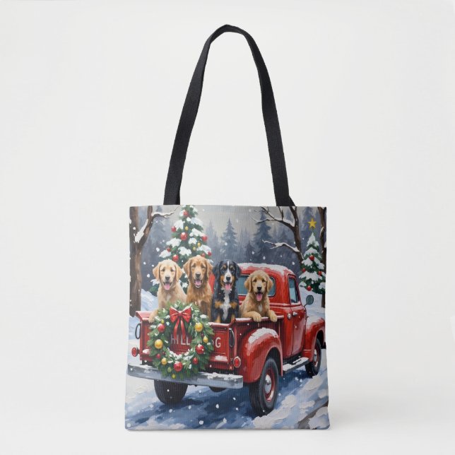 Bolsa Tote Bernedoodle Natal Caminhão Vermelho Feriado (Frente)