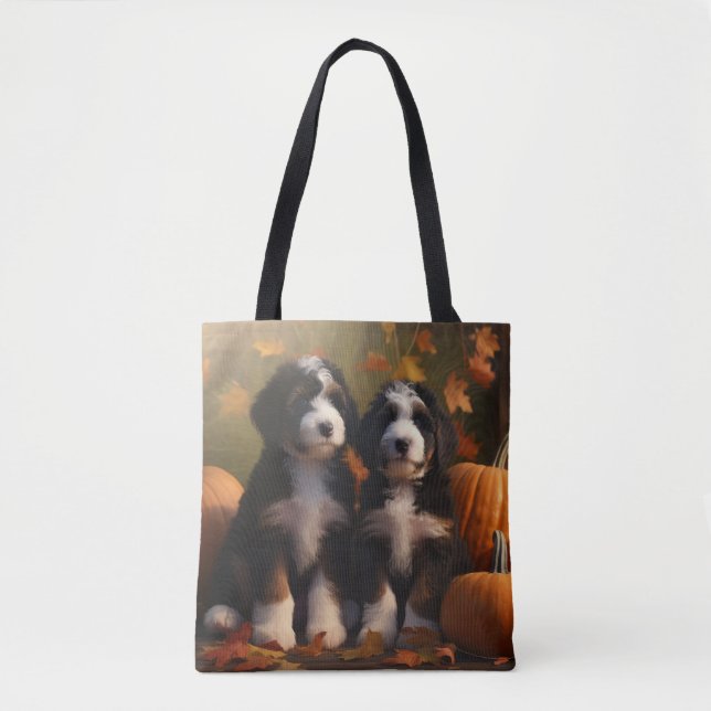 Bolsa Tote Bernedoodle Puppy Autumn Delight Pumpkin (Frente)
