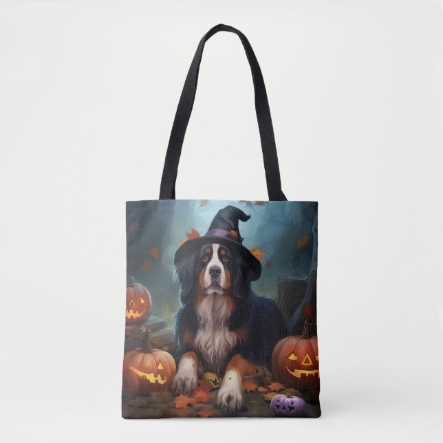 Bolsa Tote Bernese Mountain Pumpkins Halloween Assustado (Frente)
